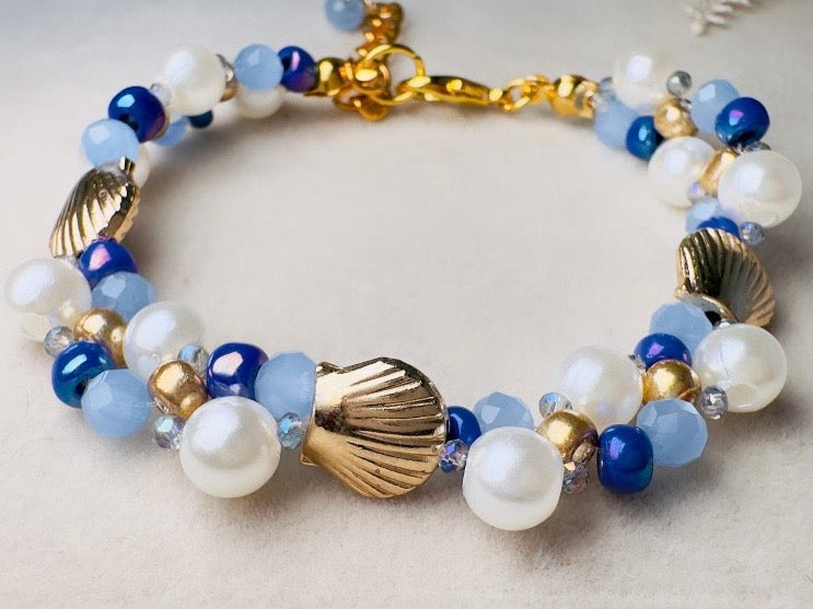 Pearl Beaded Bracelet, Handmade Mermaid Jewelry with Gold Shells + Blue Opal Beads