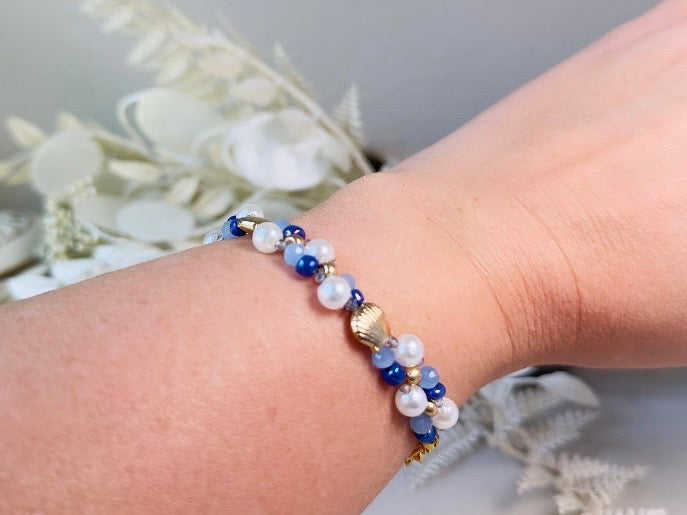 Pearl Beaded Bracelet, Handmade Mermaid Jewelry with Gold Shells + Blue Opal Beads
