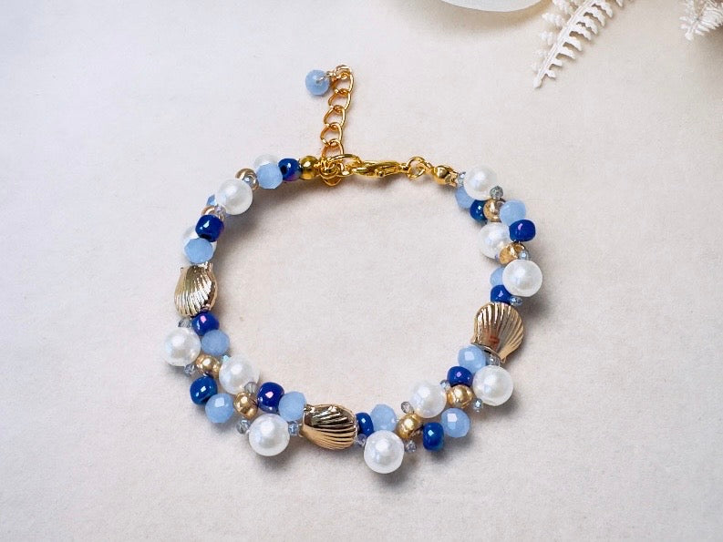 Pearl Beaded Bracelet, Handmade Mermaid Jewelry with Gold Shells + Blue Opal Beads