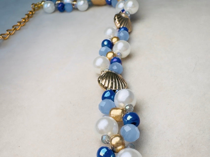 Pearl Beaded Bracelet, Handmade Mermaid Jewelry with Gold Shells + Blue Opal Beads