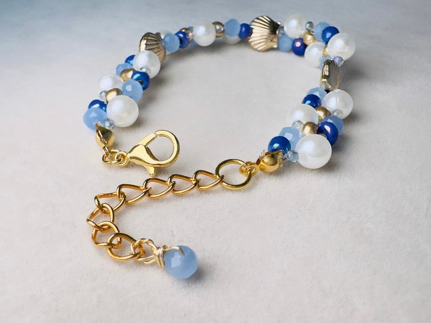 Pearl Beaded Bracelet, Handmade Mermaid Jewelry with Gold Shells + Blue Opal Beads