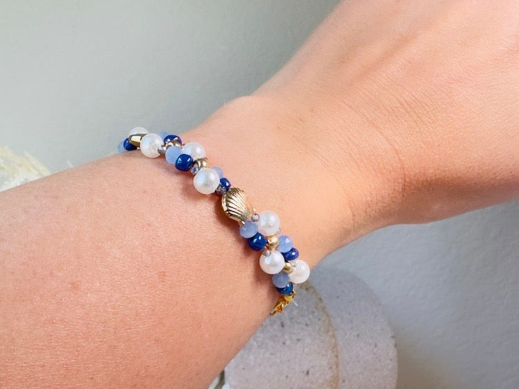 Pearl Beaded Bracelet, Handmade Mermaid Jewelry with Gold Shells + Blue Opal Beads