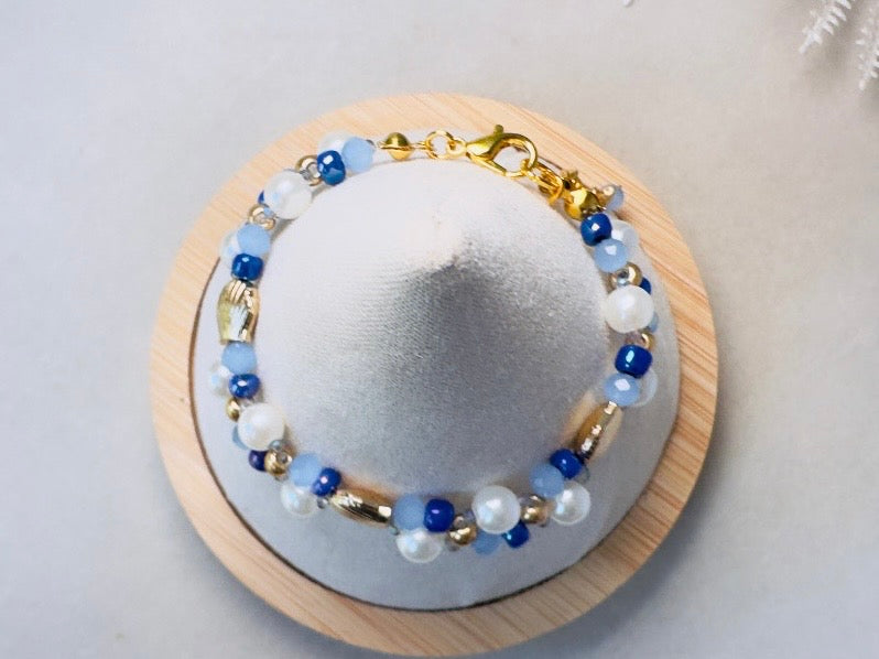 Pearl Beaded Bracelet, Handmade Mermaid Jewelry with Gold Shells + Blue Opal Beads