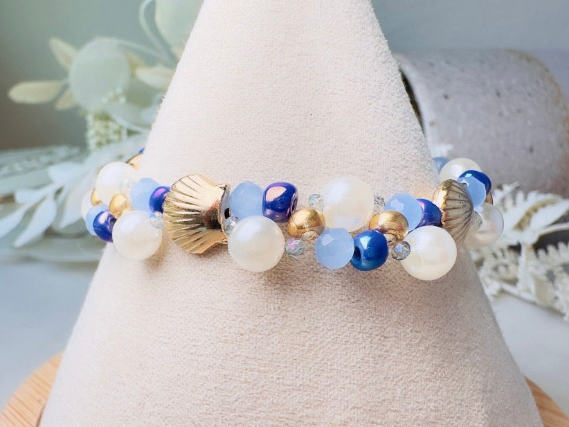 Pearl Beaded Bracelet, Handmade Mermaid Jewelry with Gold Shells + Blue Opal Beads
