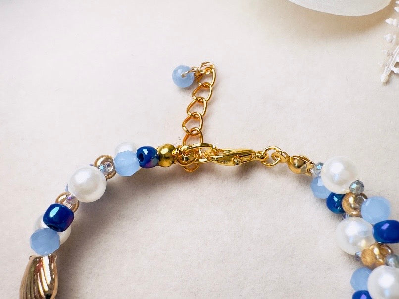 Pearl Beaded Bracelet, Handmade Mermaid Jewelry with Gold Shells + Blue Opal Beads