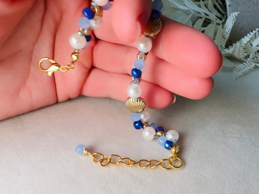 Pearl Beaded Bracelet, Handmade Mermaid Jewelry with Gold Shells + Blue Opal Beads