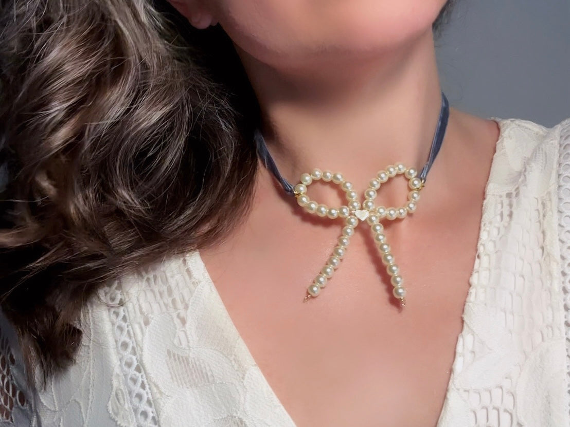 Pearl Bow Necklace with Blue Velvet Ribbon and Gold Heart, Handmade Coquette Choker Necklace with Vintage Gold Chain