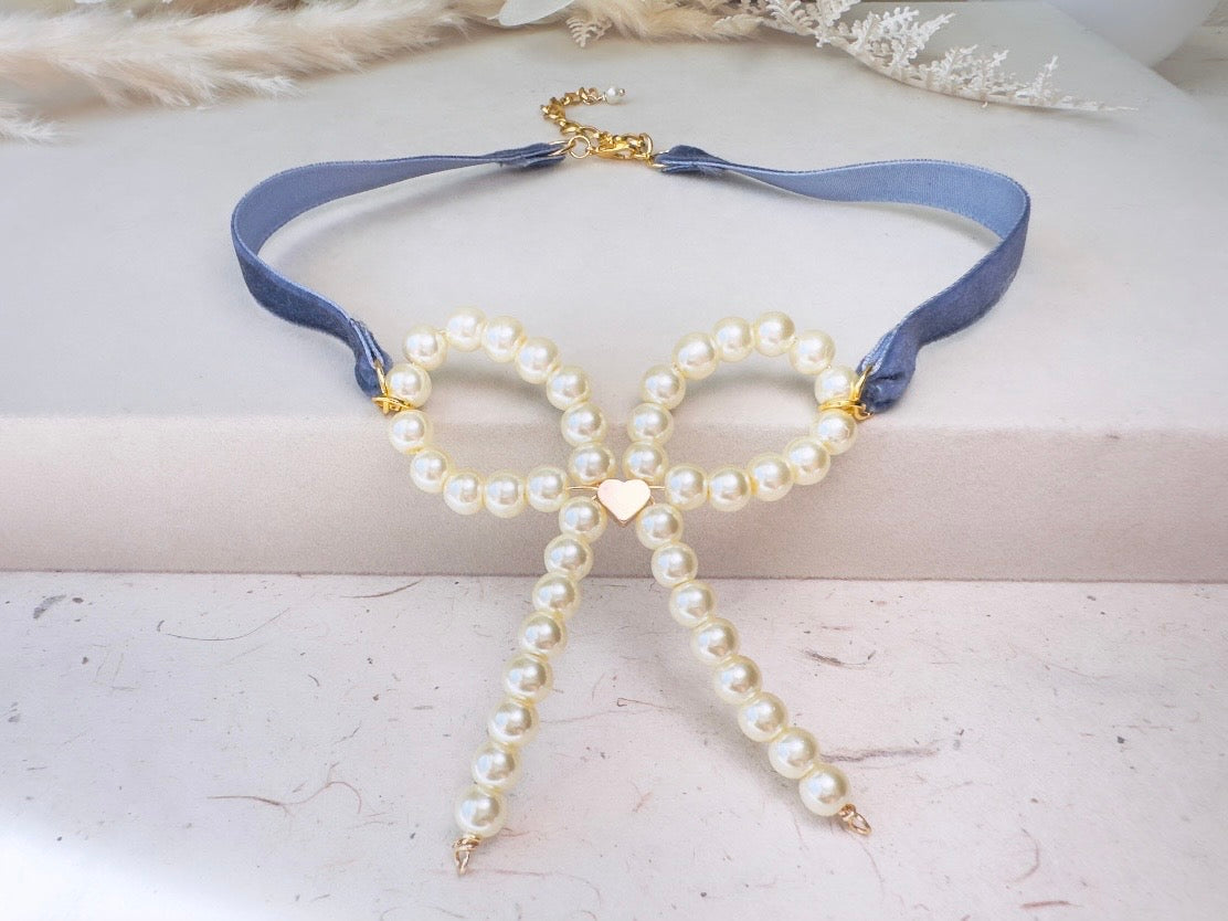 Pearl Bow Necklace with Blue Velvet Ribbon and Gold Heart, Handmade Coquette Choker Necklace with Vintage Gold Chain
