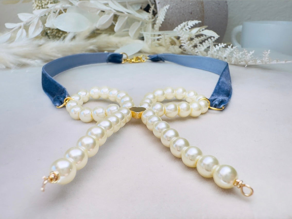 Pearl Bow Necklace with Blue Velvet Ribbon and Gold Heart, Handmade Coquette Choker Necklace with Vintage Gold Chain