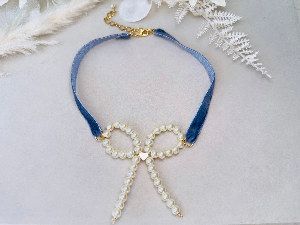 Pearl Bow Necklace with Blue Velvet Ribbon and Gold Heart, Handmade Coquette Choker Necklace with Vintage Gold Chain