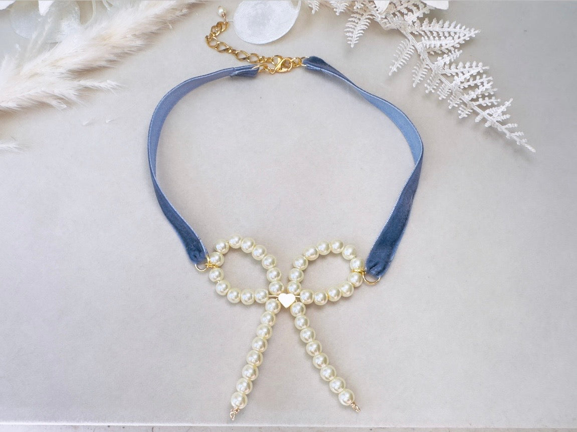 Pearl Bow Necklace with Blue Velvet Ribbon and Gold Heart, Handmade Coquette Choker Necklace with Vintage Gold Chain