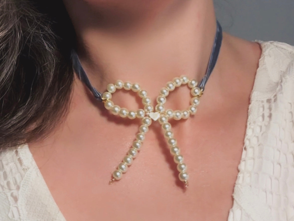 Pearl Bow Necklace with Blue Velvet Ribbon and Gold Heart, Handmade Coquette Choker Necklace with Vintage Gold Chain