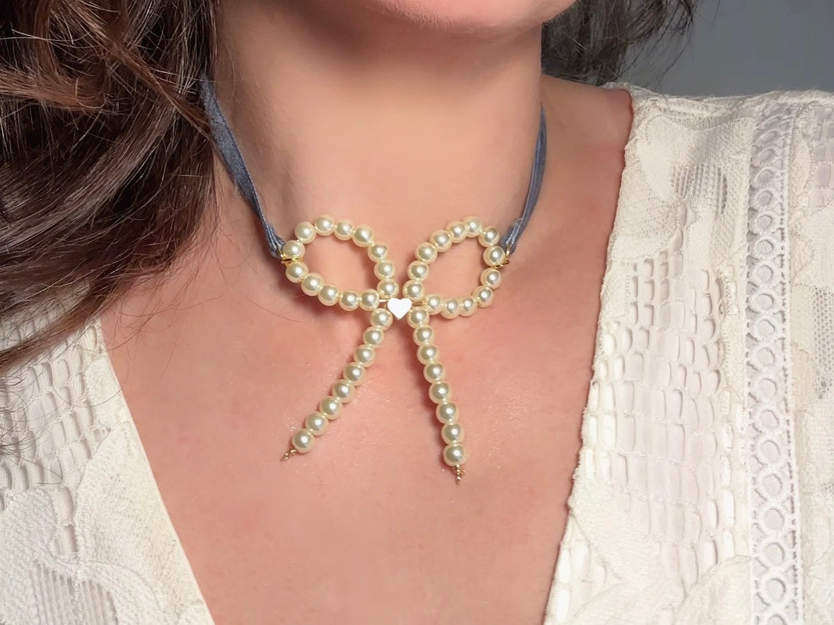 Pearl Bow Necklace with Blue Velvet Ribbon and Gold Heart, Handmade Coquette Choker Necklace with Vintage Gold Chain