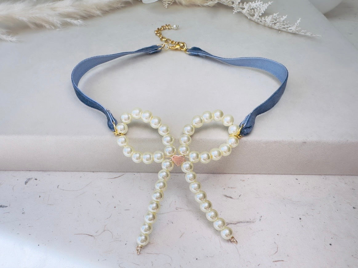 Pearl Bow Necklace with Blue Velvet Ribbon and Gold Heart, Handmade Coquette Choker Necklace with Vintage Gold Chain