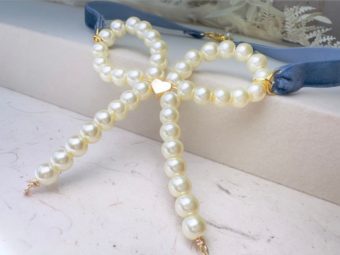Pearl Bow Necklace with Blue Velvet Ribbon and Gold Heart, Handmade Coquette Choker Necklace with Vintage Gold Chain