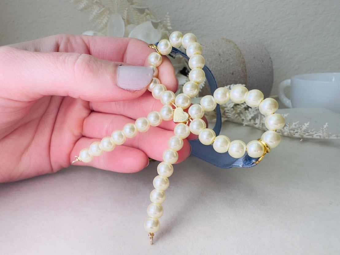 Pearl Bow Necklace with Blue Velvet Ribbon and Gold Heart, Handmade Coquette Choker Necklace with Vintage Gold Chain