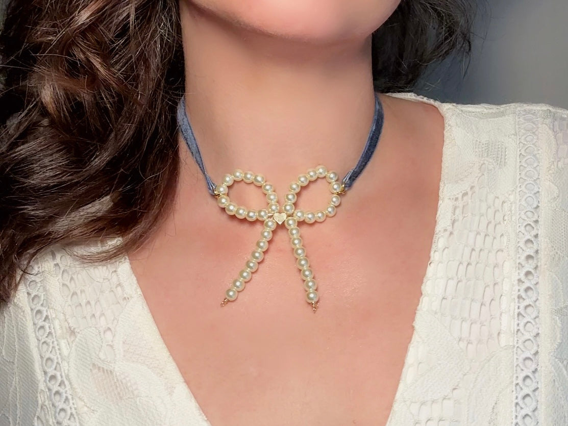 Pearl Bow Necklace with Blue Velvet Ribbon and Gold Heart, Handmade Coquette Choker Necklace with Vintage Gold Chain