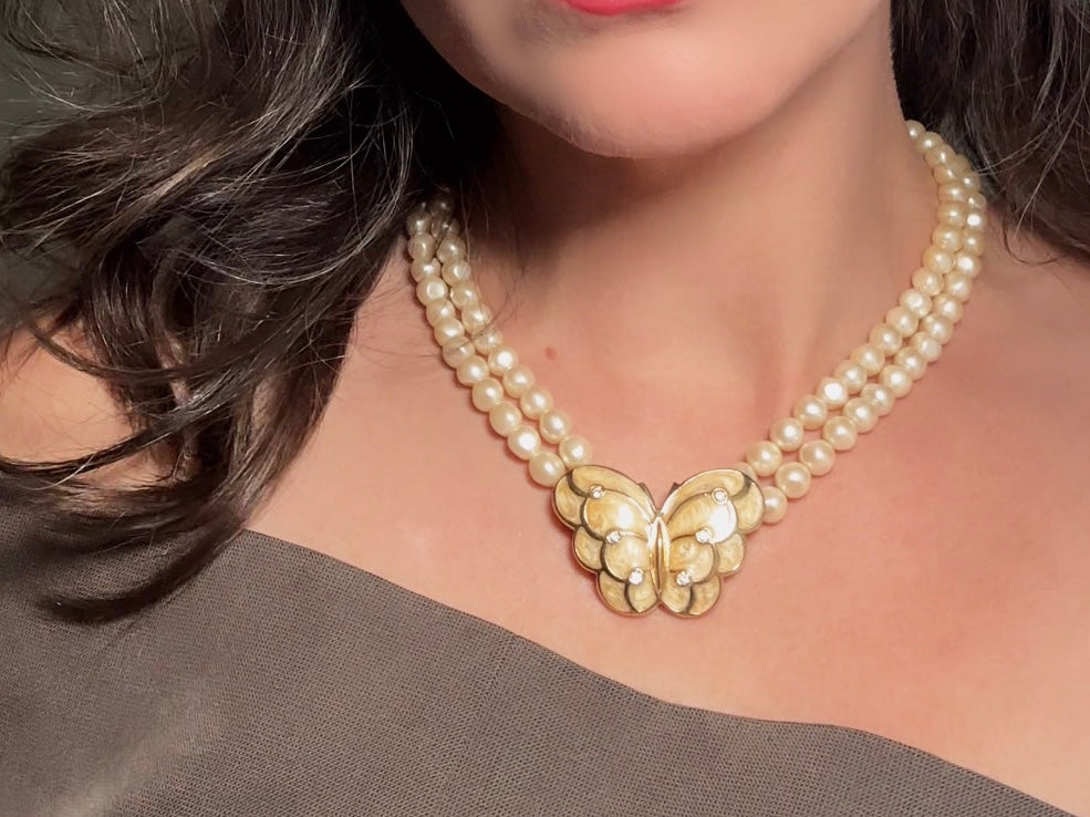 Pearl Butterfly Choker Necklace, Vintage Kenneth Jay Lane Victorian Double Stranded Cream Pearl Necklace with Enameled Blush Butterfly Focal