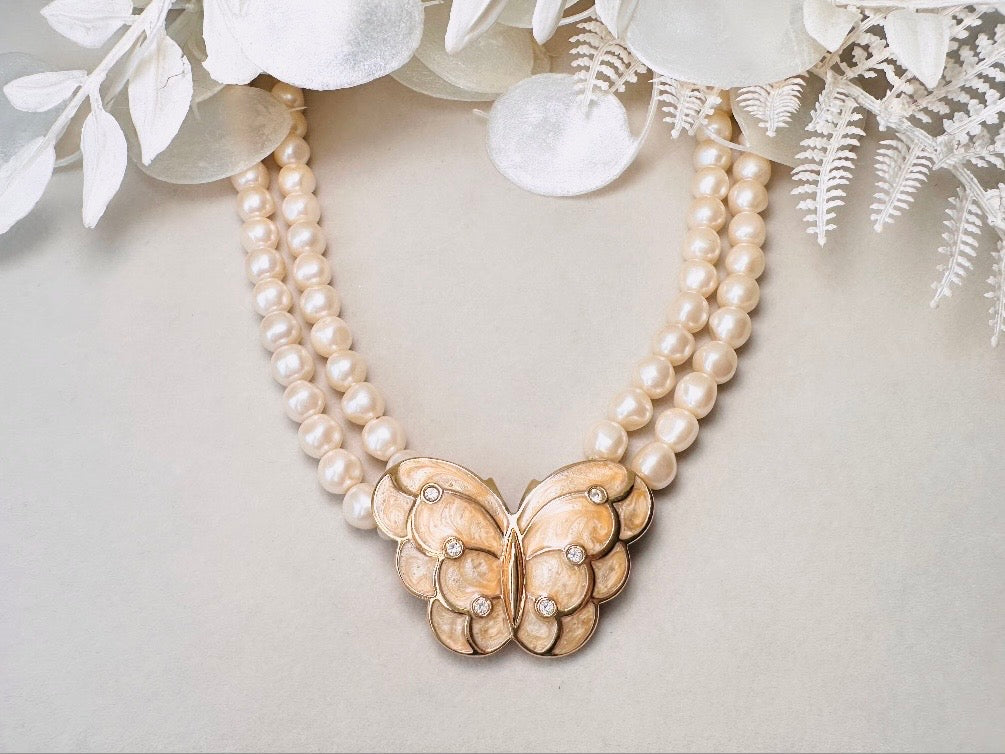 Pearl Butterfly Choker Necklace, Vintage Kenneth Jay Lane Victorian Double Stranded Cream Pearl Necklace with Enameled Blush Butterfly Focal