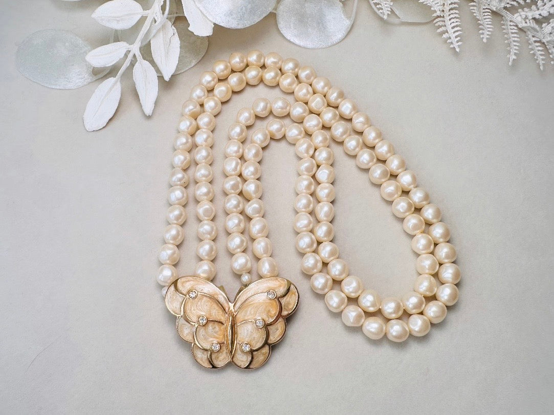 Pearl Butterfly Choker Necklace, Vintage Kenneth Jay Lane Victorian Double Stranded Cream Pearl Necklace with Enameled Blush Butterfly Focal