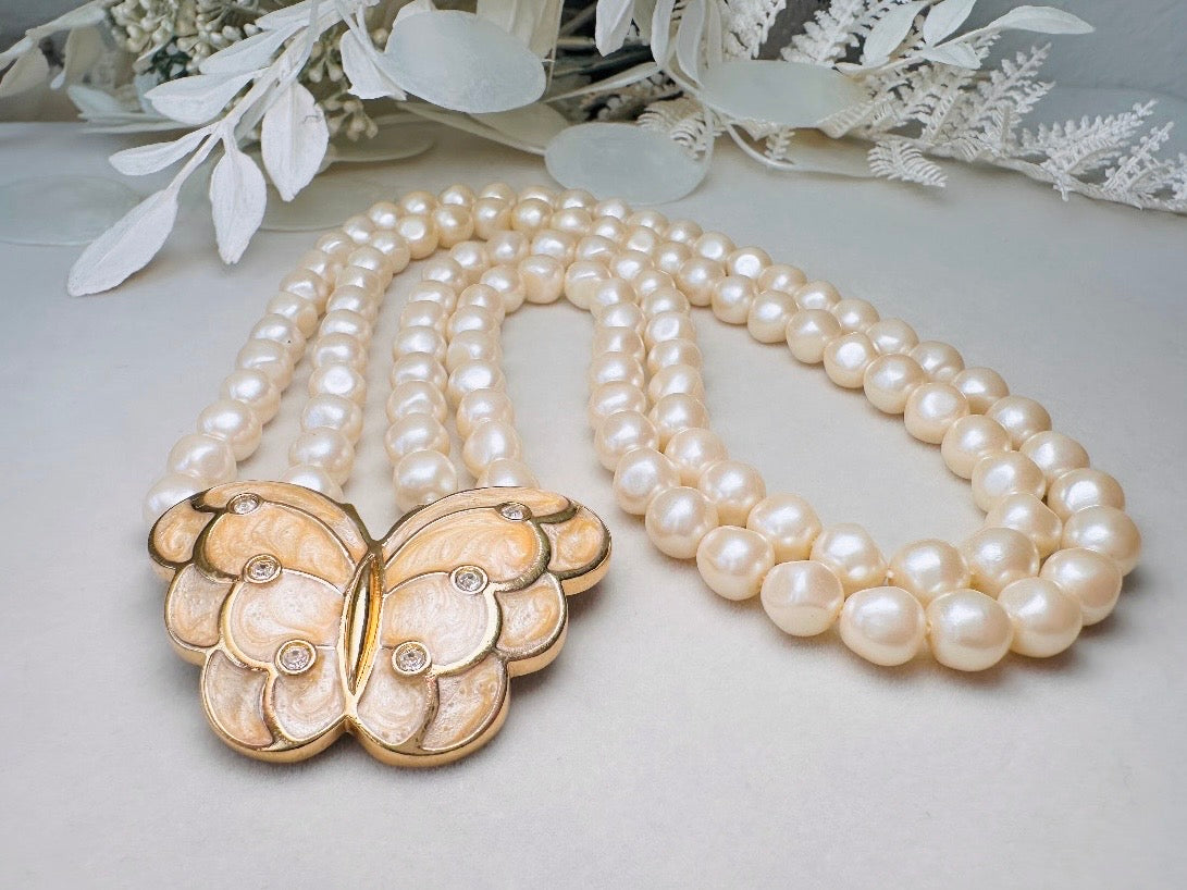 Pearl Butterfly Choker Necklace, Vintage Kenneth Jay Lane Victorian Double Stranded Cream Pearl Necklace with Enameled Blush Butterfly Focal