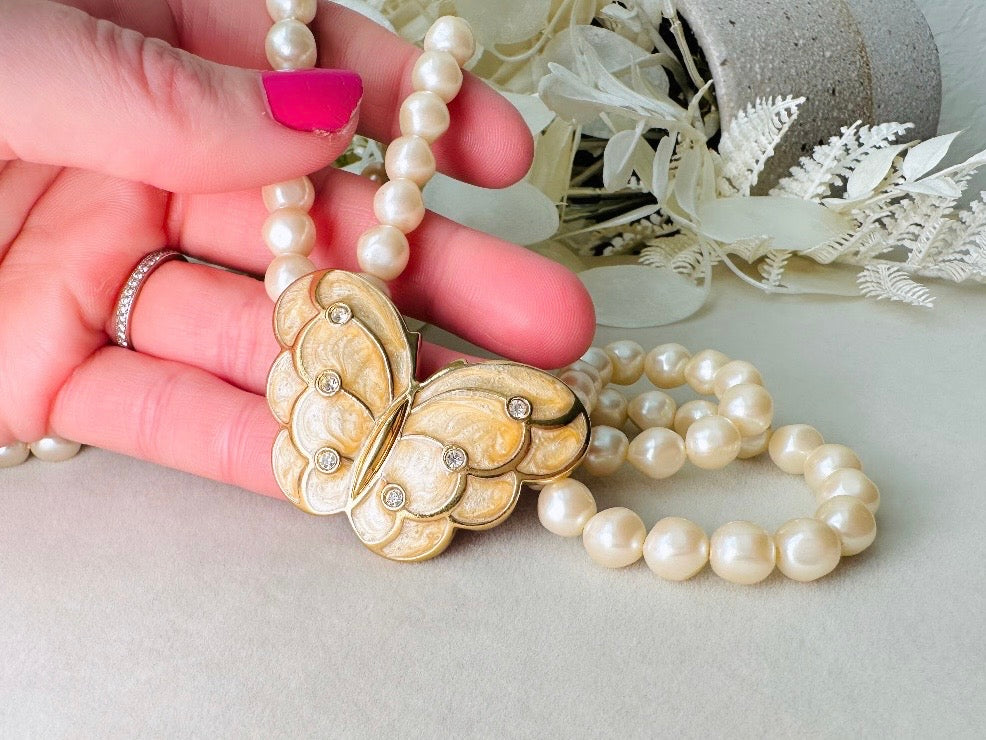 Pearl Butterfly Choker Necklace, Vintage Kenneth Jay Lane Victorian Double Stranded Cream Pearl Necklace with Enameled Blush Butterfly Focal