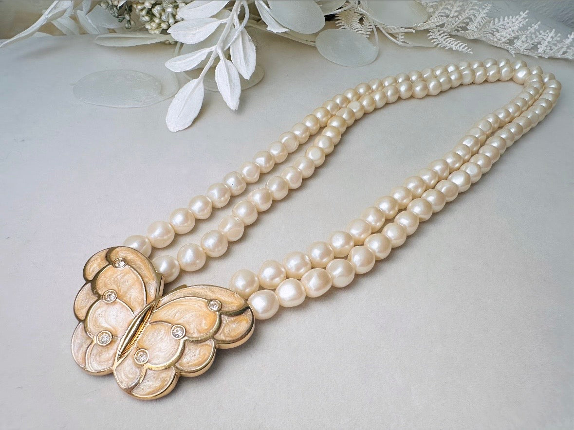 Pearl Butterfly Choker Necklace, Vintage Kenneth Jay Lane Victorian Double Stranded Cream Pearl Necklace with Enameled Blush Butterfly Focal