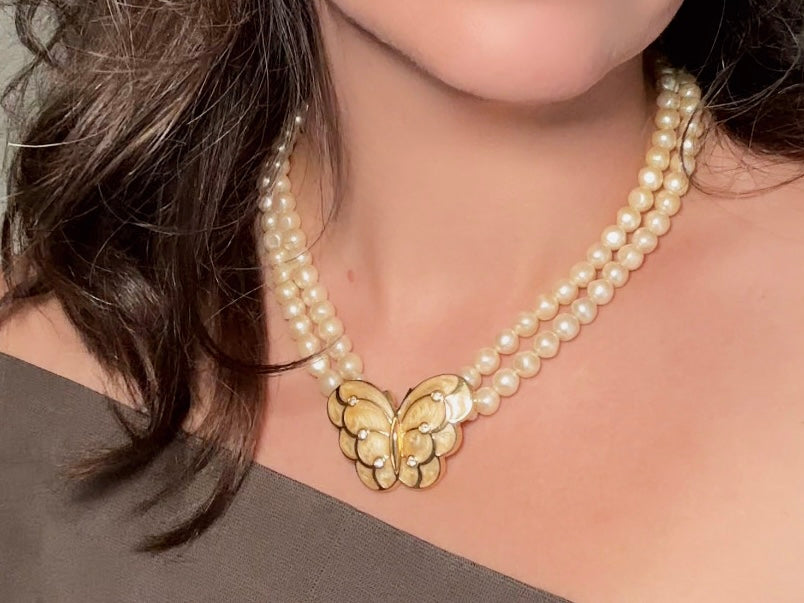Pearl Butterfly Choker Necklace, Vintage Kenneth Jay Lane Victorian Double Stranded Cream Pearl Necklace with Enameled Blush Butterfly Focal