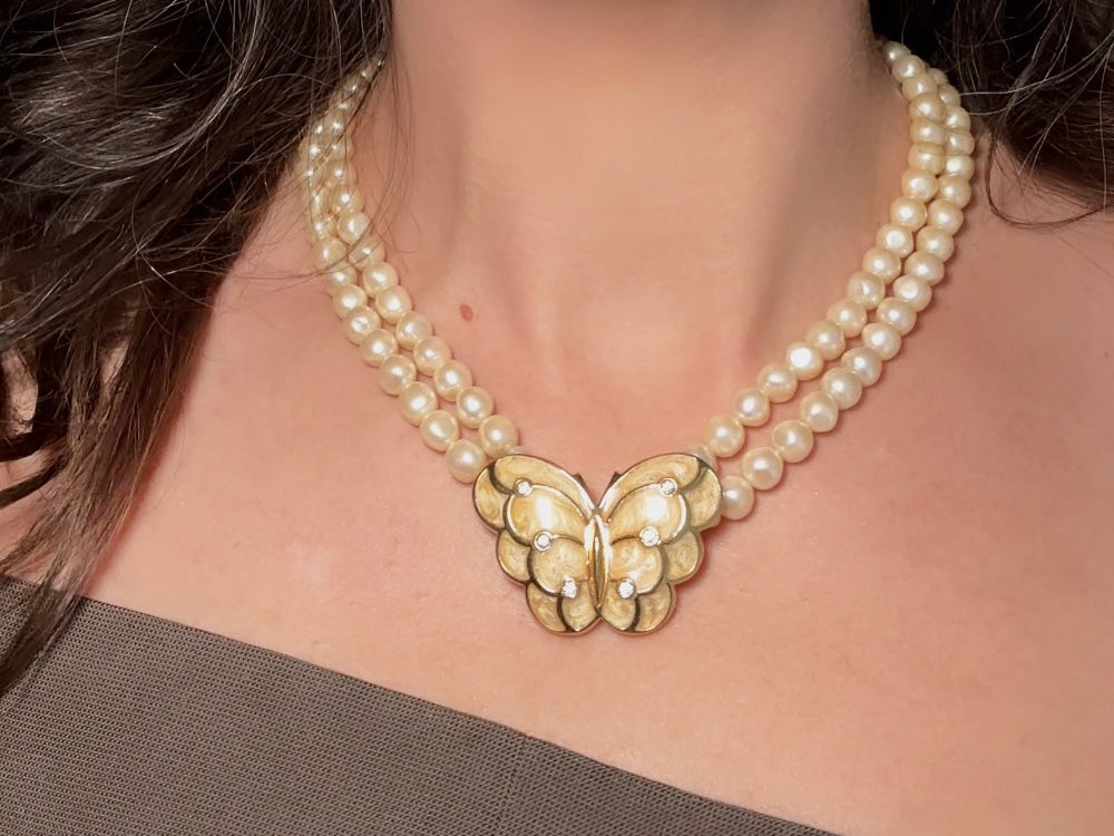 Pearl Butterfly Choker Necklace, Vintage Kenneth Jay Lane Victorian Double Stranded Cream Pearl Necklace with Enameled Blush Butterfly Focal