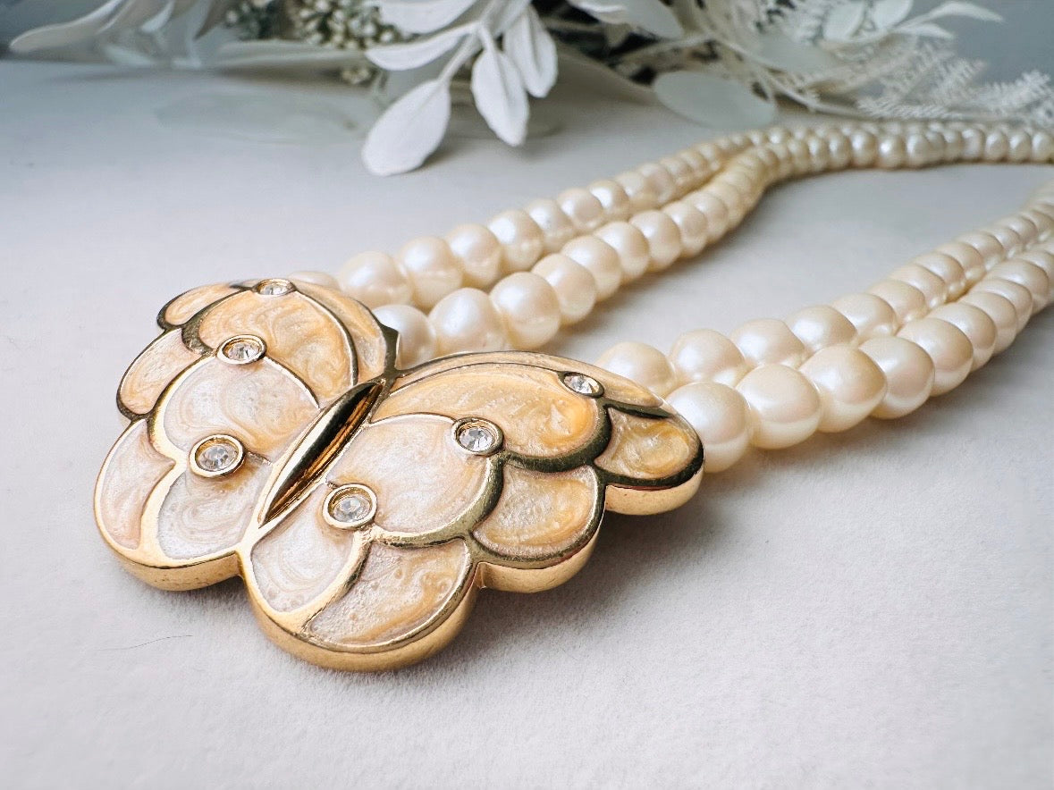 Pearl Butterfly Choker Necklace, Vintage Kenneth Jay Lane Victorian Double Stranded Cream Pearl Necklace with Enameled Blush Butterfly Focal