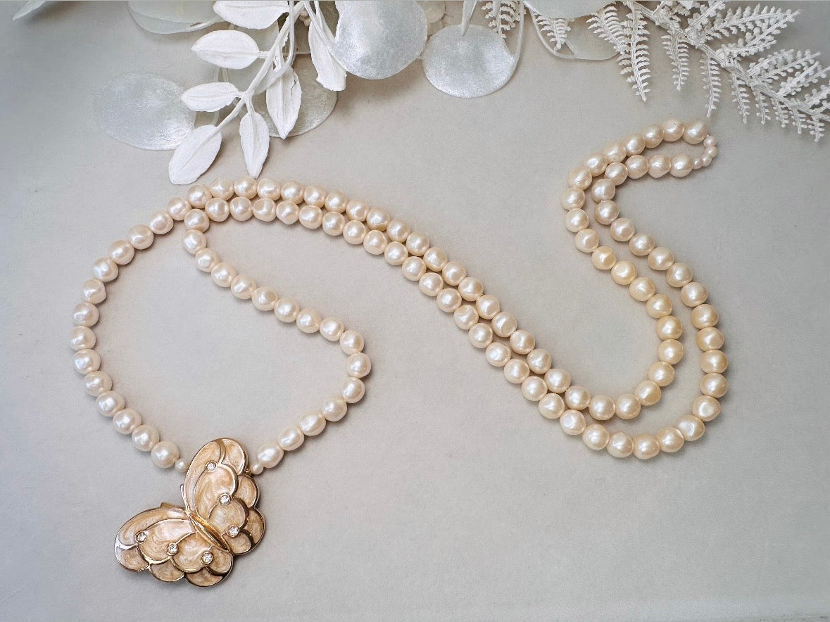 Pearl Butterfly Choker Necklace, Vintage Kenneth Jay Lane Victorian Double Stranded Cream Pearl Necklace with Enameled Blush Butterfly Focal