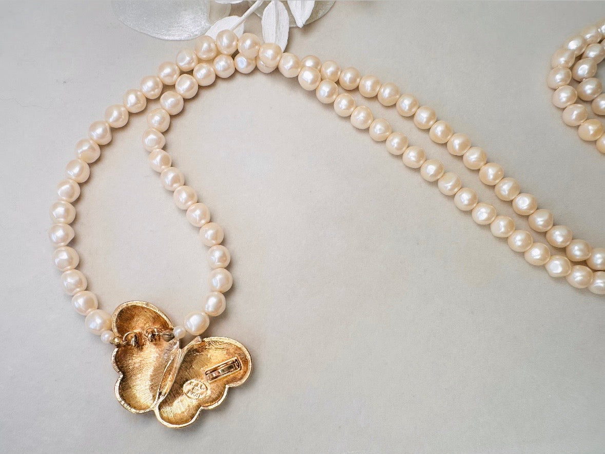 Pearl Butterfly Choker Necklace, Vintage Kenneth Jay Lane Victorian Double Stranded Cream Pearl Necklace with Enameled Blush Butterfly Focal