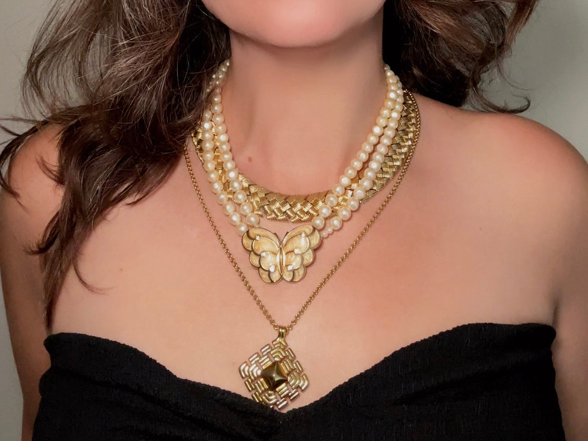 Pearl Butterfly Choker Necklace, Vintage Kenneth Jay Lane Victorian Double Stranded Cream Pearl Necklace with Enameled Blush Butterfly Focal