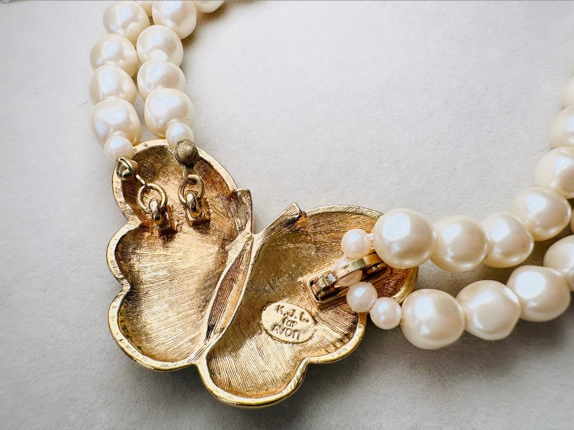 Pearl Butterfly Choker Necklace, Vintage Kenneth Jay Lane Victorian Double Stranded Cream Pearl Necklace with Enameled Blush Butterfly Focal