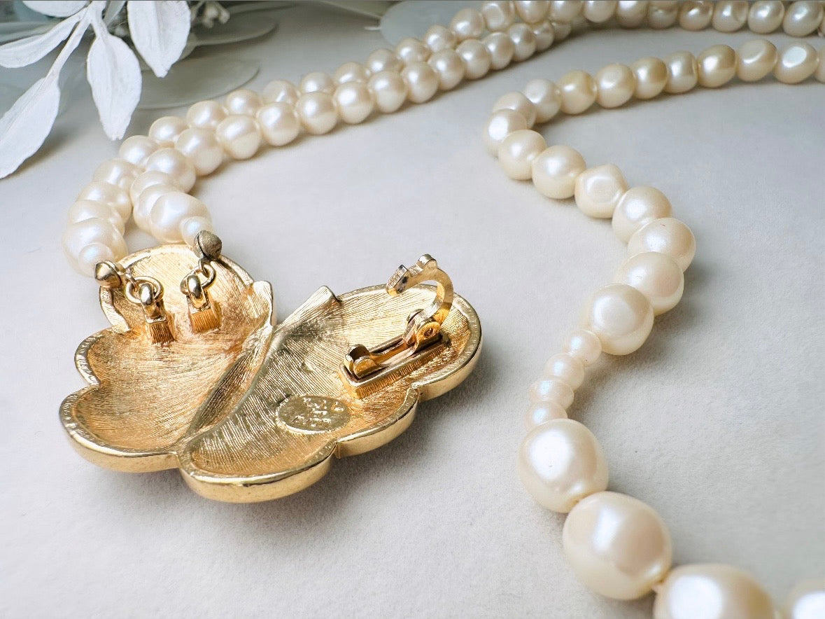 Pearl Butterfly Choker Necklace, Vintage Kenneth Jay Lane Victorian Double Stranded Cream Pearl Necklace with Enameled Blush Butterfly Focal