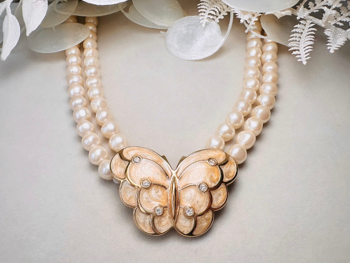 Pearl Butterfly Choker Necklace, Vintage Kenneth Jay Lane Victorian Double Stranded Cream Pearl Necklace with Enameled Blush Butterfly Focal