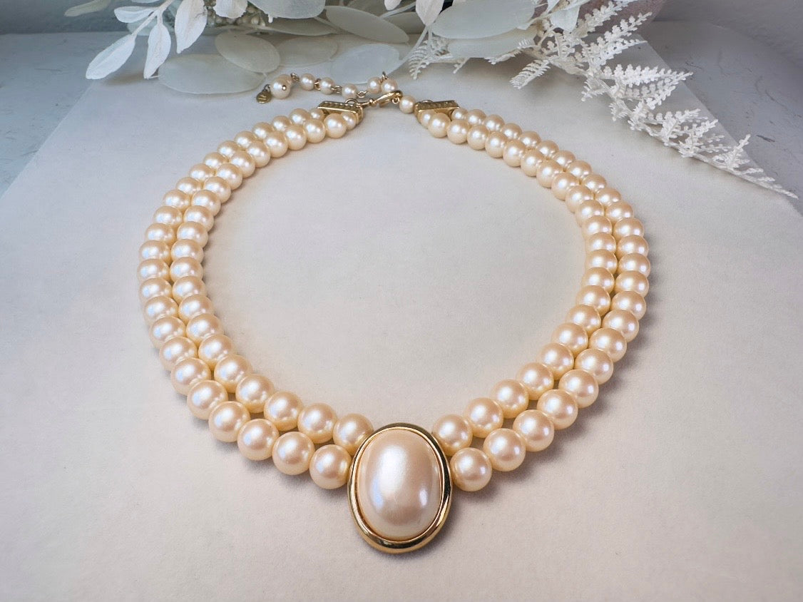 Pearl Choker Necklace, Vintage Liz Claiborne Victorian Revival Double Strand Necklace with Pearl Cameo Focal