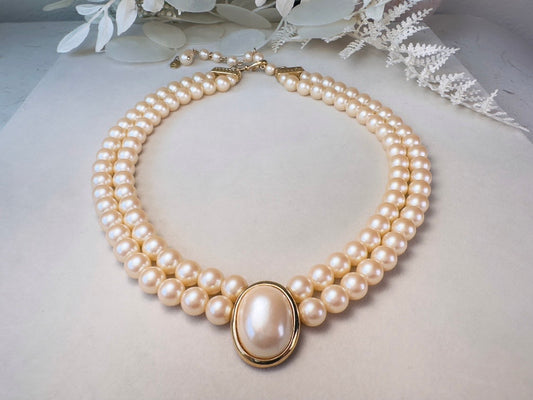 Pearl Choker Necklace, Vintage Liz Claiborne Victorian Revival Double Strand Necklace with Pearl Cameo Focal