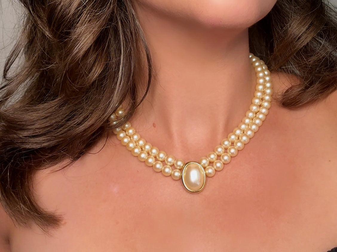 Pearl Choker Necklace, Vintage Liz Claiborne Victorian Revival Double Strand Necklace with Pearl Cameo Focal
