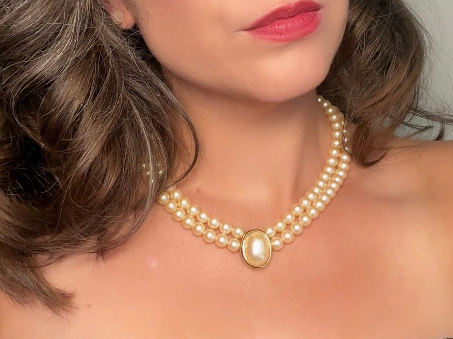 Pearl Choker Necklace, Vintage Liz Claiborne Victorian Revival Double Strand Necklace with Pearl Cameo Focal