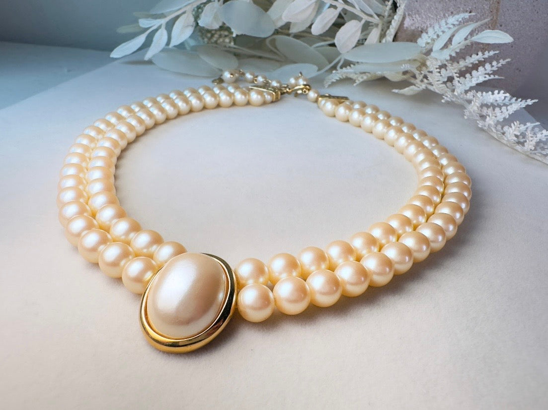 Pearl Choker Necklace, Vintage Liz Claiborne Victorian Revival Double Strand Necklace with Pearl Cameo Focal