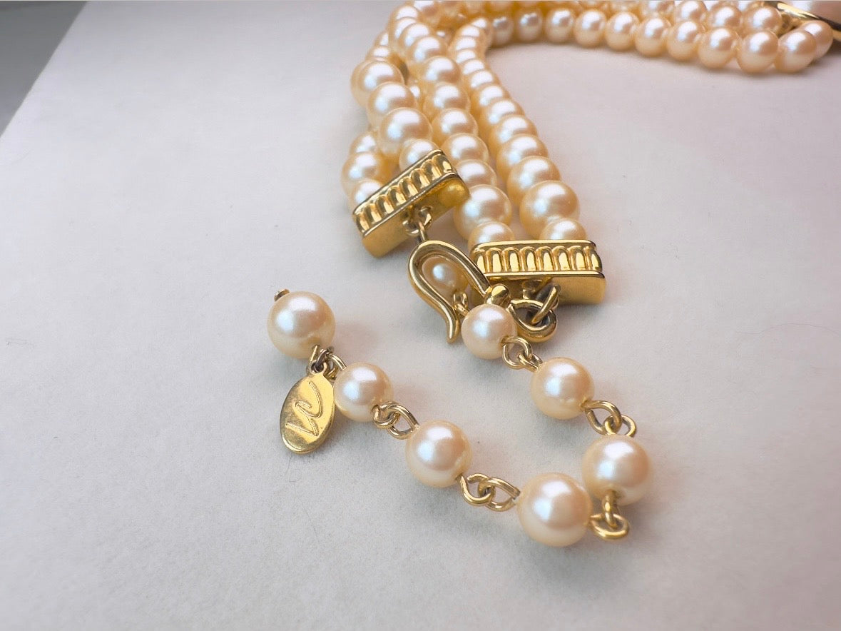 Pearl Choker Necklace, Vintage Liz Claiborne Victorian Revival Double Strand Necklace with Pearl Cameo Focal