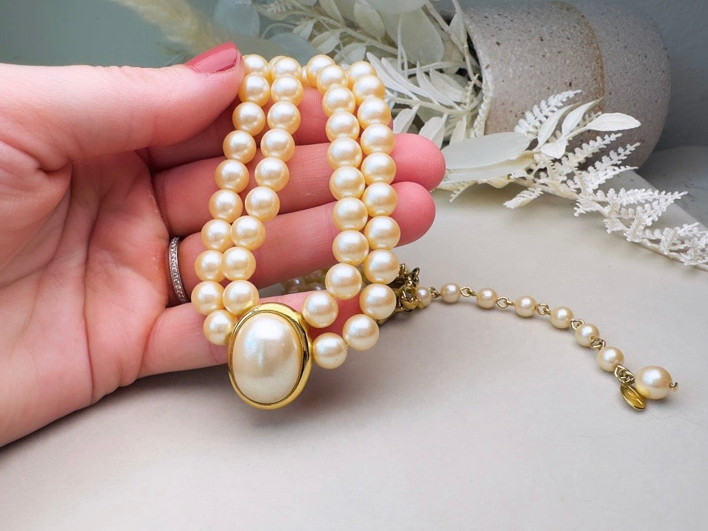 Pearl Choker Necklace, Vintage Liz Claiborne Victorian Revival Double Strand Necklace with Pearl Cameo Focal