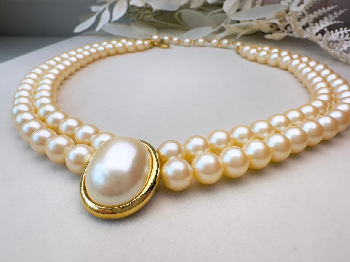 Pearl Choker Necklace, Vintage Liz Claiborne Victorian Revival Double Strand Necklace with Pearl Cameo Focal