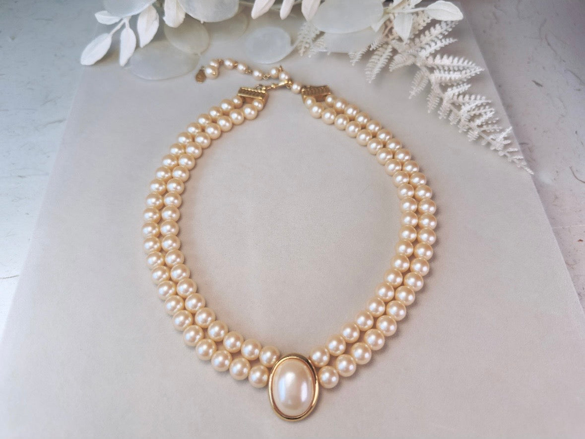 Pearl Choker Necklace, Vintage Liz Claiborne Victorian Revival Double Strand Necklace with Pearl Cameo Focal