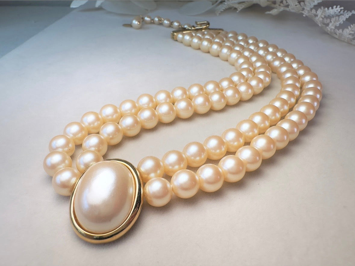 Pearl Choker Necklace, Vintage Liz Claiborne Victorian Revival Double Strand Necklace with Pearl Cameo Focal