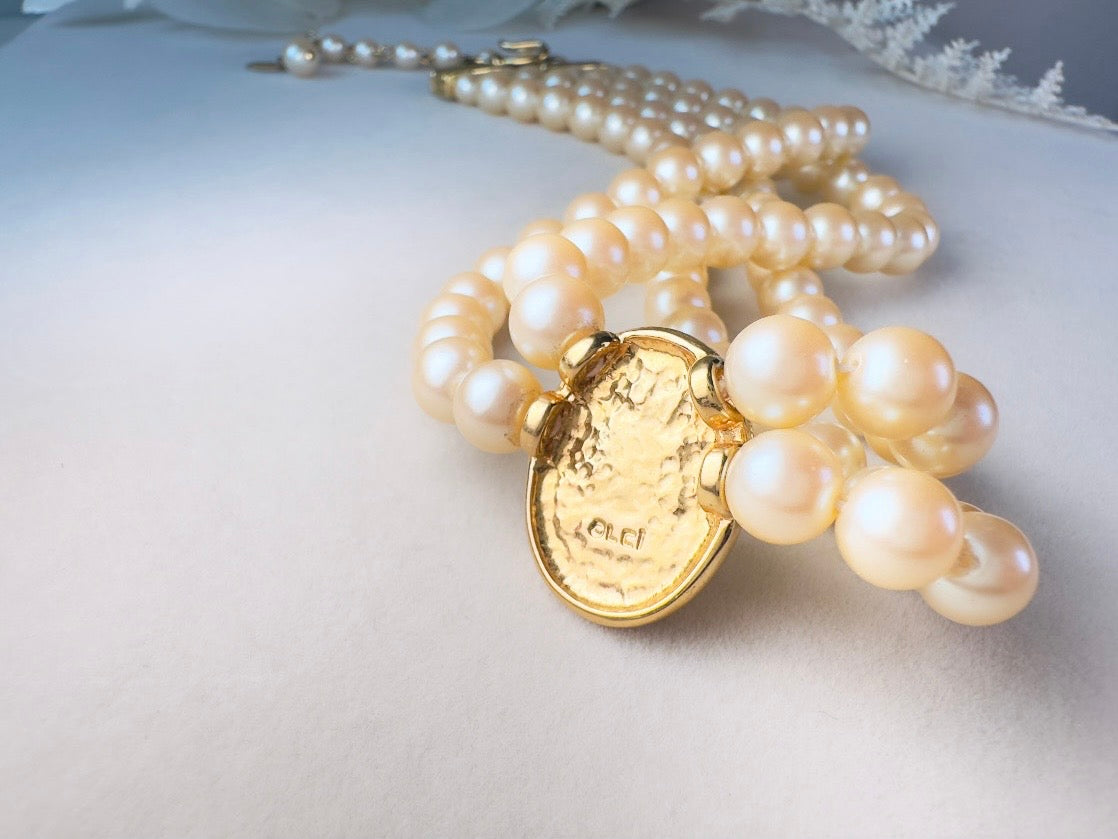 Pearl Choker Necklace, Vintage Liz Claiborne Victorian Revival Double Strand Necklace with Pearl Cameo Focal
