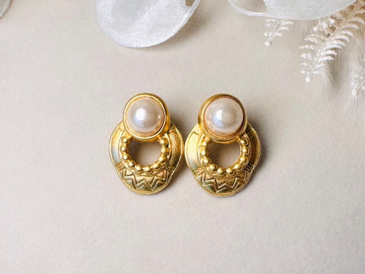 Pearl and Gold Etruscan Earrings, Vintage Pierced Door Knocker Earrings with Etched Detailing