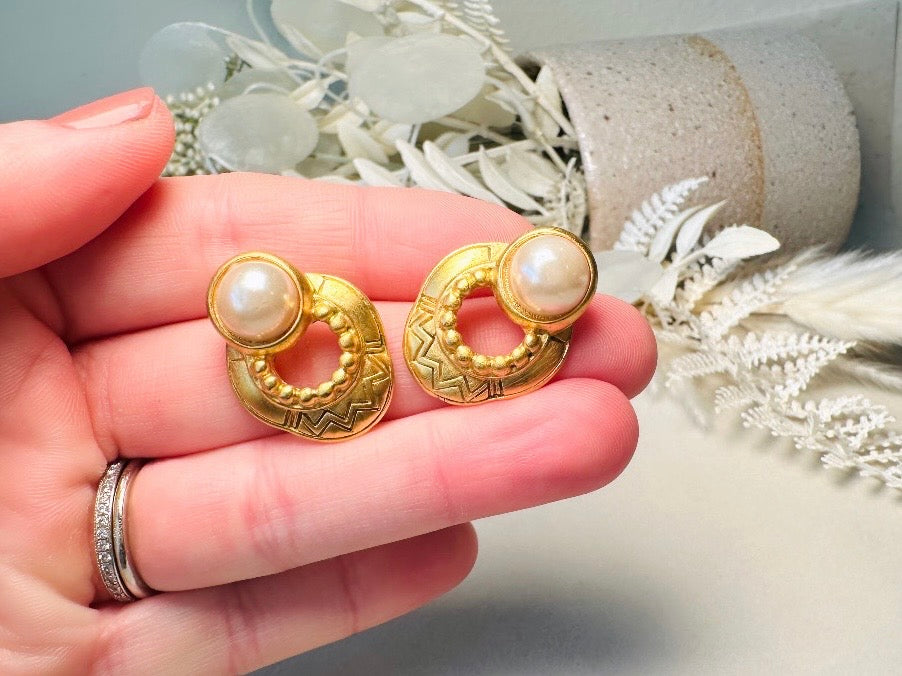 Pearl and Gold Etruscan Earrings, Vintage Pierced Door Knocker Earrings with Etched Detailing