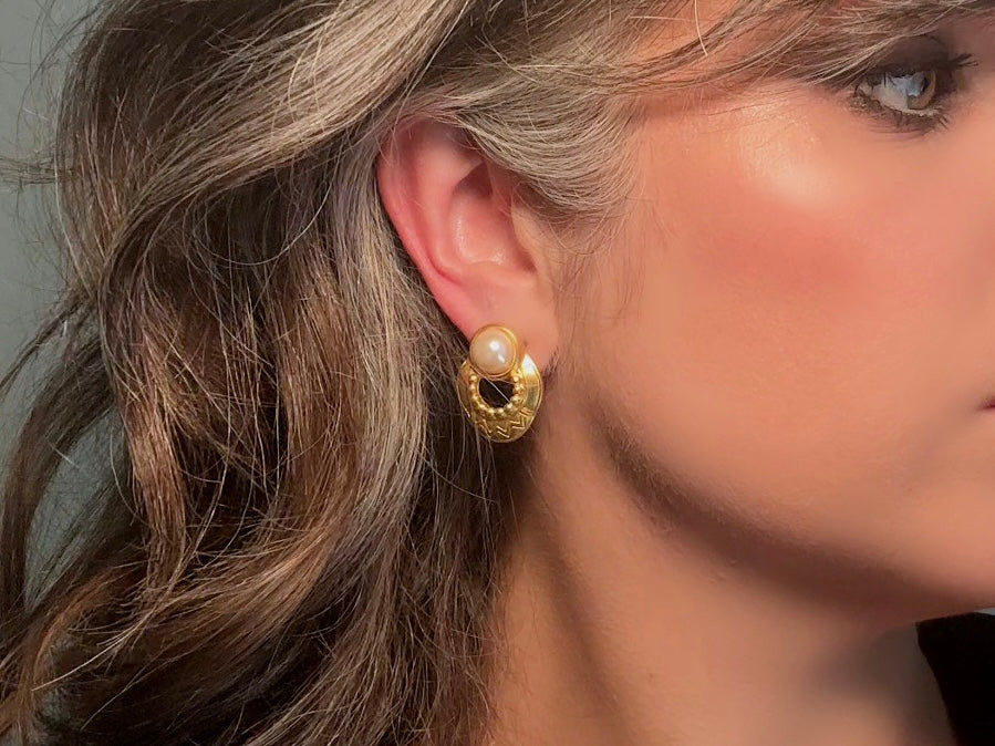 Pearl and Gold Etruscan Earrings, Vintage Pierced Door Knocker Earrings with Etched Detailing